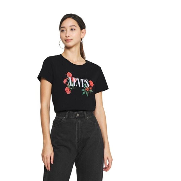 Levis Top SZ XS Black The Perfect Tee Bleached Logo Cactus Flower Short Sleeve - Picture 3 of 14